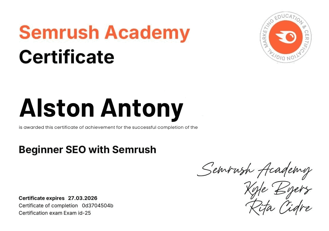 Semrush SEO Academy Certificate Alston Antony